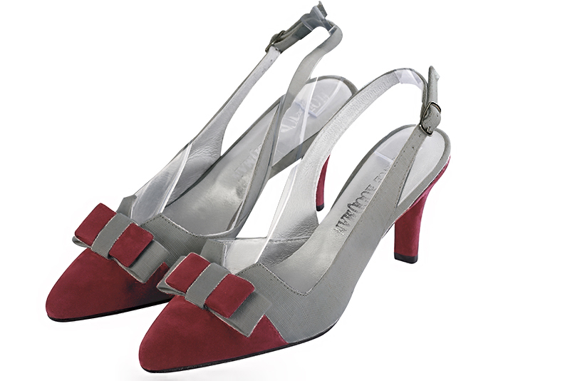 Burgundy red and dove grey women's open back shoes, with a knot. Tapered toe. Medium slim heel. Front view - Florence KOOIJMAN